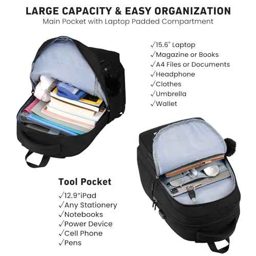 YAMTION Black School Backpack Set for Women,High School Bookbag for Girls Middle School Bags for Kids with Charger Ports for College Work