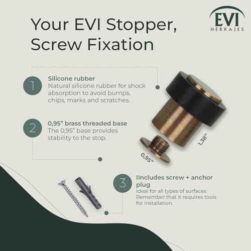 EVI Door Stops | Leather Brass Door Stopper - Screw Fastening - Black Rubber Protector - 0.95 x 1.38 Inch Door Stop