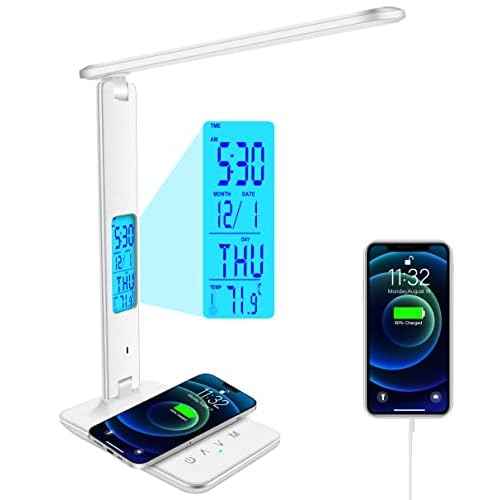 Desk Lamp with Wireless Charger£¬USB Charging Port, Dimmable Office Desk Light with Clock, Alarm, Date, Temperature, Foldable Lamp for Table Bedroom Bedside Office (White, Standard Size-13.3 inch)