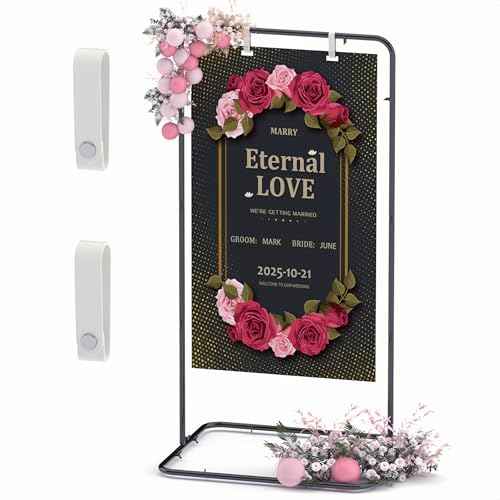 Wedding Sign Holder,Adjustable Welcome to Our Wedding Sign Stand with 2 Pack Leather Hanging Straps Heavy Duty Easel Rack Seating Chart Metal Stand for Birthday Party Baby Shower Graduation Ceremony Decoration,Black