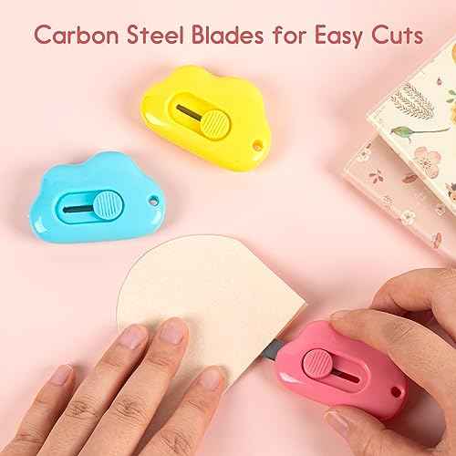 Cloud Box Cutter Retractable, 6Pcs Mini Utility Knife Letter Opener Envelope Slitter, Small Package Opener Paper Cutters with Keychain Hole for Office Home School Stationery DIY Crafts Rainbow Color
