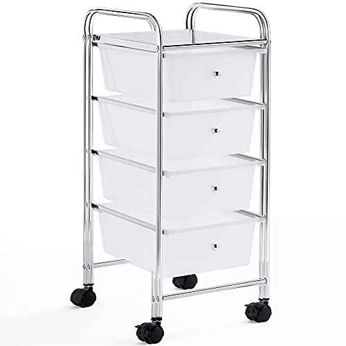 Yaheetech 4 Drawers Rolling Plastic Storage Cart Metal Frame Plastic Drawers Trolley Organizer on Wheels, White