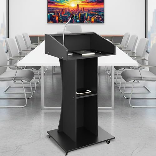 Verssure Podium Stand with Lockable Wheels (47 H) Black – Wooden Lectern with 3 Storage Shelves