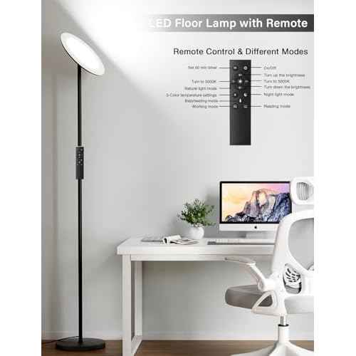 Modern LED Floor Lamp - Remote & Touch Control, 40W/2400LM Sky Torchiere Standing Lamp, Fully Dimmable, 3 Color Temperatures, Ideal for Living Room & Bedroom, Easy to Assemble