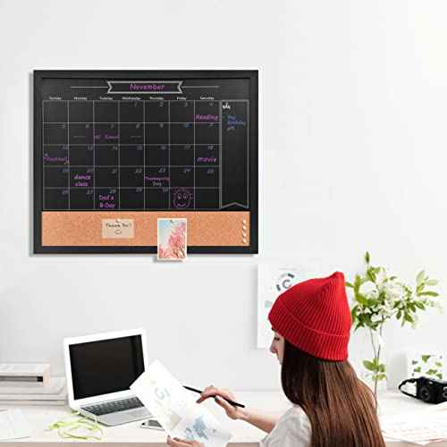 TORASO Magnetic Chalkboard Calendar Corkboard, 17.7" x 21.6" Combination Chalk Board Bulletin Board, Walnut Brown Framed Blackboard Calendar Cork Combo Board(ZHHB-BN-4555)