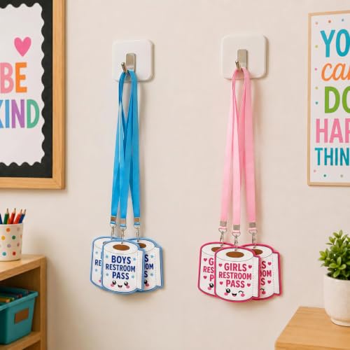 Maidequan 6 Sets Classroom Bathroom Passes with Lanyard & Key Holder - Blue & Pink
