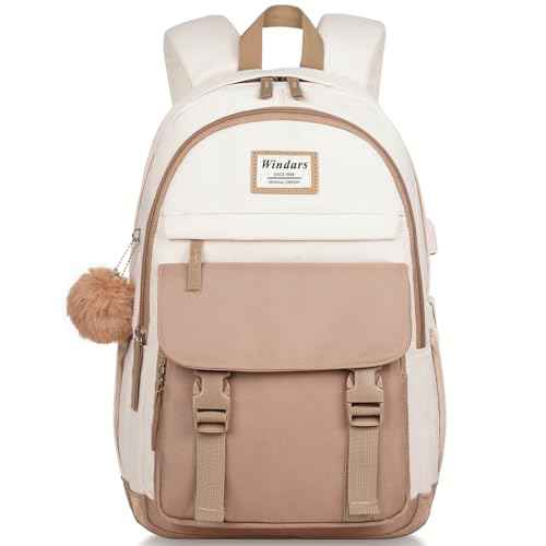 School Backpack for Teen Girls, Cute College Backpacks for Women Students Aesthetic Bookbag Large 15.6 Inch Laptop Bag Middle School Travel Back Pack (Khaki Beige)