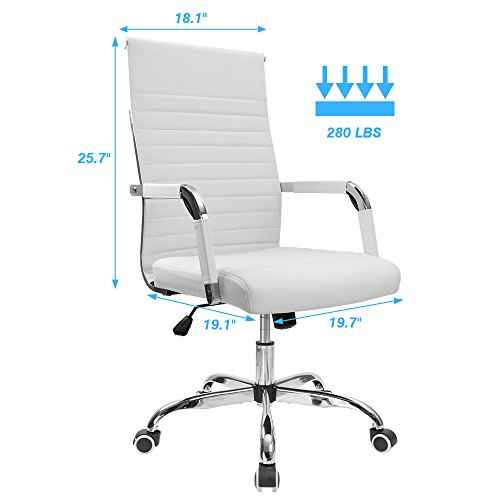 Furmax Ribbed Office Desk Chair Mid-Back PU Leather Executive Conference Task Chair Adjustable Swivel Chair with Arms (White)