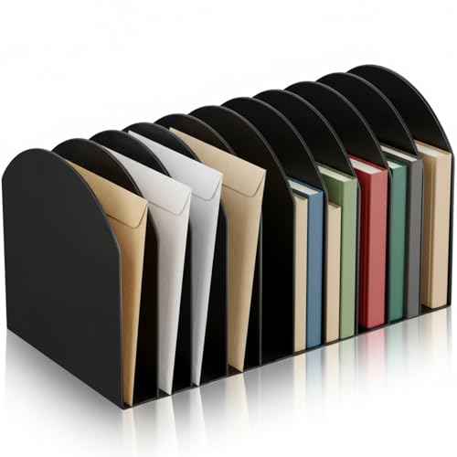 Suzile Metal Desktop File Organizer, 10 Compartments, Vertical File Sorter, Black, 10.63" L x 5.79" W x 5.41" H, Office, Reception Areas, Workspace