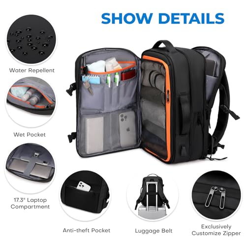 Carry On Travel Backpack for Airplanes | 35L Suitcase Backpack Luggage Business Weekender Bag - Expandable Travel Carry On Flight Approved for Men Women - Black