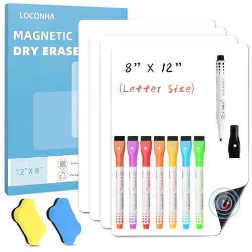 4PCS Small Magnetic Dry Erase Board Sheet for Refrigerator, Fridge Whiteboard for Kitchen, 12"x8" White Board Organizer and Planner with Stain Resistant Technology, Include 2 Eraser, 8 Markers