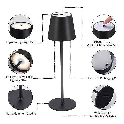 Cordless Table Lamps USB Rechargeable Lamp Simplicity Desk Lamp Built-in 4600 mAh Battery LED Battery Operated lamp with Touch Control Table lamp - Bedroom/Desk/Reading/Patio(2Pcs-Black)