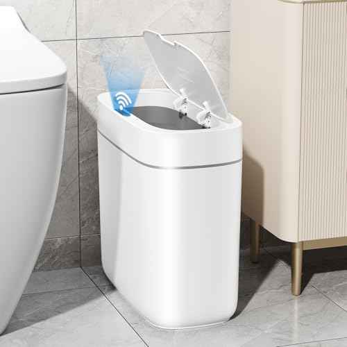 3.5 Gal Motion Sensor Bathroom Trash Can with Lid, Automatic Trash Can Small Smart Garbage Can Touchless, Waterproof Slim Trash Bins for Bedroom Office Kitchen