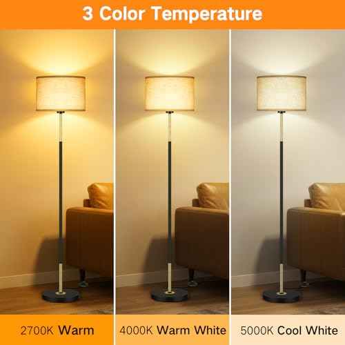 OUTON Mid Century Modern Floor Lamp for Living Room - 60" Tall Black & Gold Standing Lamp with Linen Shade, 3 Color Temperatures, Foot Switch, Easy Assembly (Bulb Included)