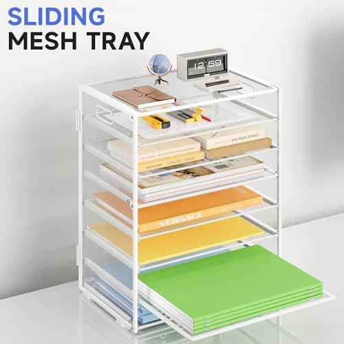 8 Tier Paper Organizer with Handle, Metal Mesh Desk File Organizer, Large Capacity Desk Organizers Paper Letter Tray Desktop Document Sorter for Office, Home or School - White