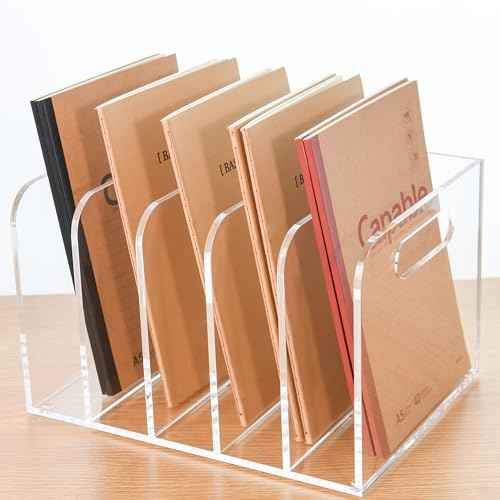 Clear Acrylic Organizers - 5 Vertical Compartments Acrylic Folder Organizer & File Organizer, Desk Document Storage Bins for Magazines, Binders - Multipurpose Home Office Desk Organizer