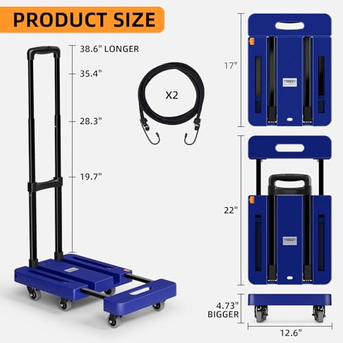 Folding Hand Truck, 500 LB Heavy Duty Luggage Cart, Utility Dolly Platform Cart with 6 Wheels & 2 Elastic Ropes for Luggage, Travel, Moving, Shopping, Office Use, Blue