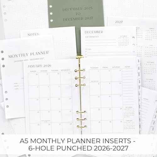 Beautiful 2026-2027 Monthly Planner Inserts for 6 Ring Binders ? Durable A5 Paper Refill Set 5.7" x 8.3" - Refills Incl. Tabs & Yearly, Monthly Calendar Spreads - From December 2025 - December 2027