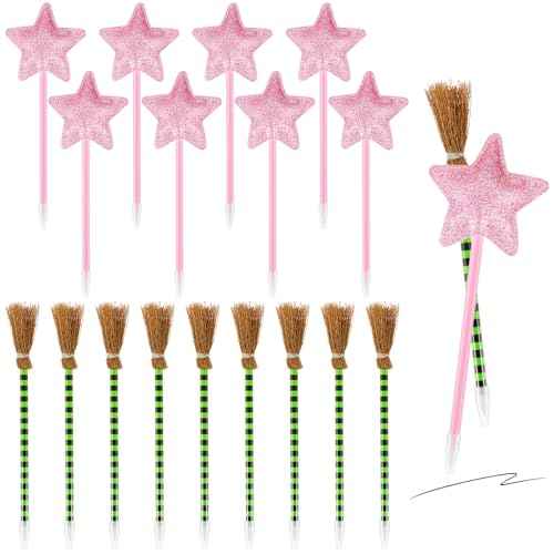 Geyoga 20 Pack Witch and Princess Pens Party Favors Green Witch Broom and Pink Star Pens for Wizard Themed Party Supplies Birthday Halloween Gifts Supplies Goodie Bag Fillers (Green Stripes)