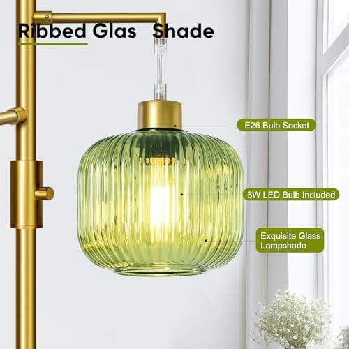 Gold Floor Lamp for Living Room, Dimmable Tree Standing Lamp with Green Glass Shape, Modern Tall Lamps for Bedroom, 3¡¿600LM LED Bulbs Included