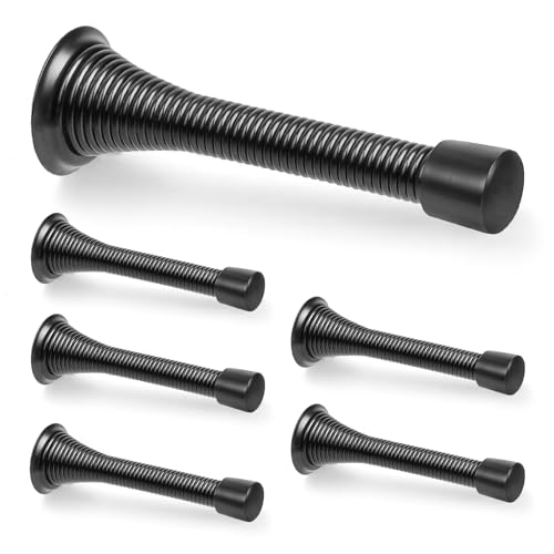 6 Pack Black Spring Door Stops - 3-1/4" Heavy Duty Wall Mount Door Stoppers with Rubber Tips, ZUOYIGD