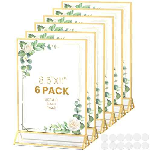 Acrylic Sign Holder 8.5X11 Gold Frames Double-Sided Gold Picture Frames for Menu Holder Wedding Table Numbers Display Stand with Removable Sticky Dots -6 Pack