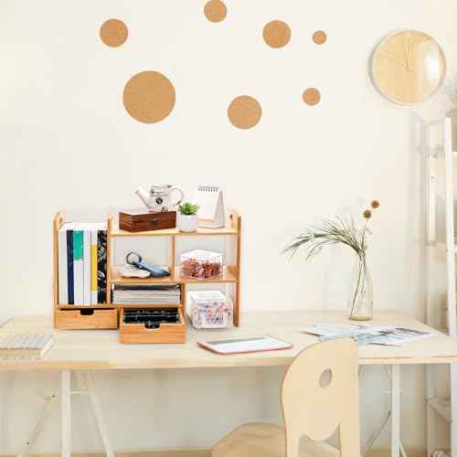 Bamboo Desktop Bookshelf, Expandable Counter Bookcase, Storage Shelves Rack Organizer with Anti-Slip Pads, Cute Small Desk Display Cubby Top for Office Supplies, No Assembly Needed