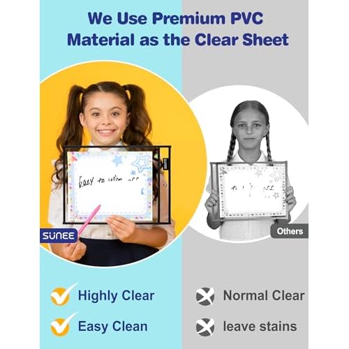 SUNEE 50 Packs Oversized Reusable Dry Erase Pocket Sleeves with 3 Rings, Black 10x14 Ticket Holders, Clear Plastic Sheet Protectors, Teacher School Classroom Supplies