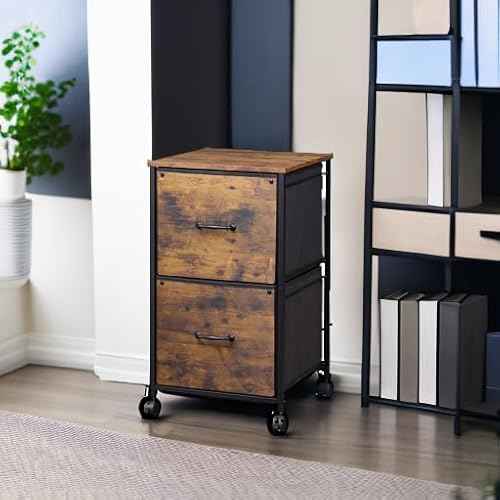 DEVAISE 2 Drawer Mobile File Cabinet, Rolling Printer Stand, Fabric Vertical Filing Cabinet fits A4 or Letter Size for Home Office, Rustic Brown Wood Grain Print