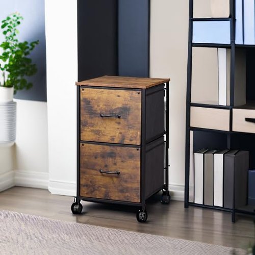 DEVAISE 2 Drawer Mobile File Cabinet, Rolling Printer Stand, Fabric Vertical Filing Cabinet fits A4 or Letter Size for Home Office, Rustic Brown Wood Grain Print