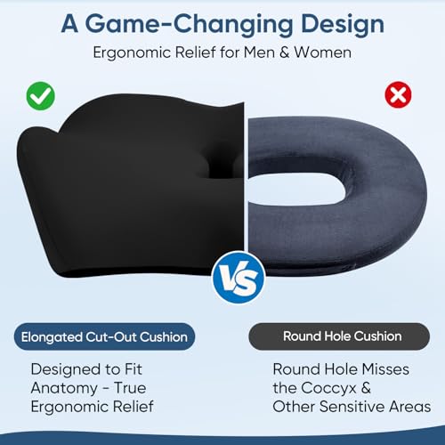 Large Donut Seat Cushion for Office Chair with Supportive Memory Foam, Pressure Relief Chair Pad with Long Center Hole for Tailbone, Hemorrhoid, Sciatica, Postpartum Recovery, Car & Home Use