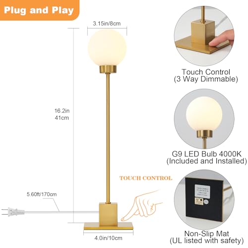Touch Lamps for Bedroom, Small Brass Table Lights, 3-Way Control Dimmable Bedside Nightstand Desk Lighting, Decorative for Bedroom, Plug and Play, G9 Bulb Included and Installed(Brass, Set of 2)