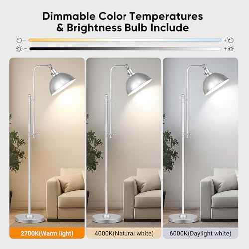 PARTPHONER Industrial Floor Lamp Adjustable, Farmhouse Reading Lamp in Silver Finish Modern Standing Lamp with Remote Control Metal Shade for Living Room Bedroom Study Room Office Hotel