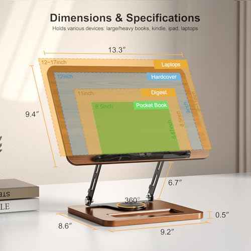 Book Stand for Reading, 360¡Æ Rotating Hands Free Book Holder, Adjustable Height and Angle, Page Clip for Cookbook, Recipe, Magazine, Laptop,Tablet, Foldable for Kitchen, Office, School