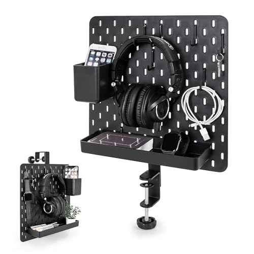 EHO Clamp-On Desk Pegboard, 13.5 x 14 inch Privacy Divider, Desk Partition Panel, No-Drill Desk Mounted Organizer, Combination Peg Board for Office, Gaming, Home, Plants, Black