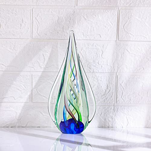 9" Tall Sculpture Hand Blown Glass Decor, Paperweight for Office Desk, Modern Glass Art Figurines Mediterranean Beach House Decor, Living Room Coffee Shelves Table Top Decoration (Aqua)