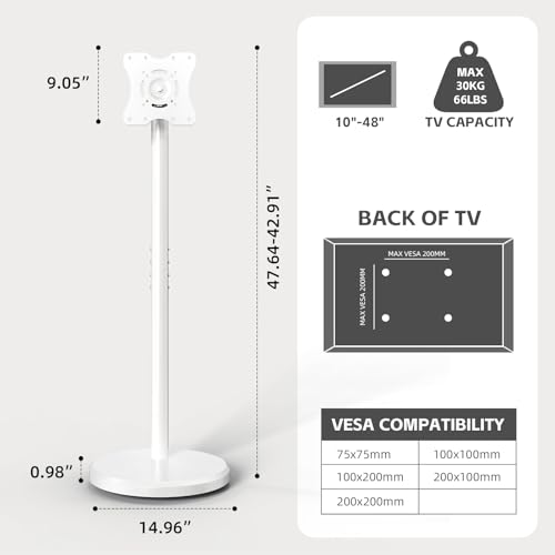 Small Mobile TV Stand for Most 10-48 Inches TV,Rolling TV Cart with Height Adjustable,¡¾10¡Æ Tilt, 360¡ÆSwivel, ¡¾30¡ÆLeveling,Max VESA 200X200mm,for Live Streaming,Home,Office (White, Style 1)