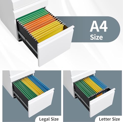 Guizeeopo White 3-Drawer Locking File Cabinet for Home Office, A4/Letter/Legal
