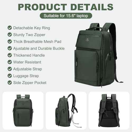 Large Capacity Water Resistant Laptop Backpack, 17 Inch Airplane Approved Durable Bag for College, Business Travel, Green