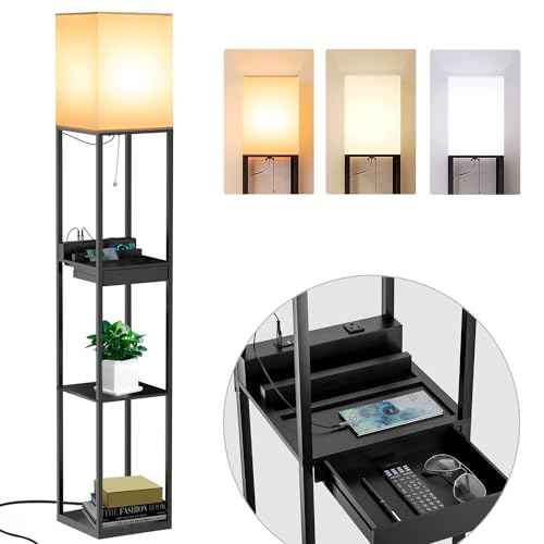 Shelf Floor Lamps for Living Room,Tall Standing Lamp with Shelves and Drawer,2 USB Charging Ports & 2 Power Outlet,Bright 3CCT LED Bulb Included - Black