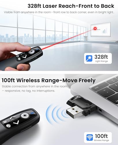 ELISWEEN Black Wireless Presentation Clicker with USB-A & USB-C Receiver, Red Light Pointer, Volume Control