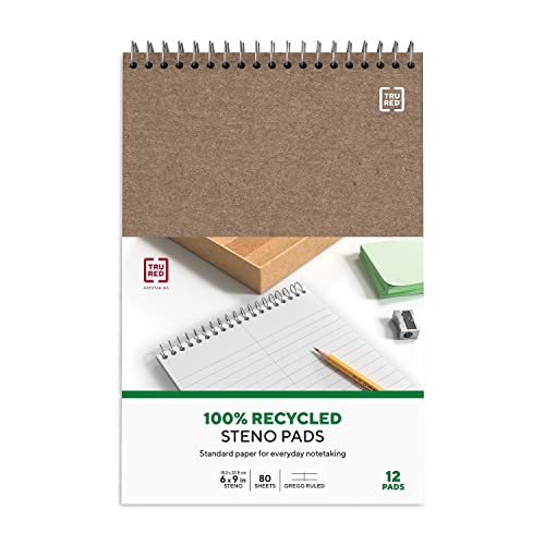 STAPLES TRU RED Steno Notepads, 6 x 9 Inch, Gregg Ruled, Top Wire-Bound Notebooks, Cardstock Cover, 80-Sheets, 12-Pack, White Paper