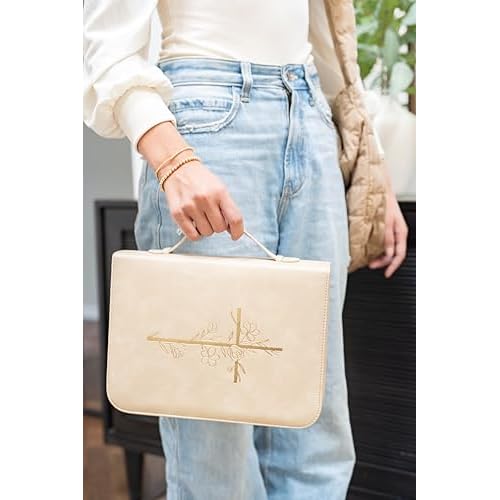 Bible Cover Case for Women ? PU Leather Large Bible Case with Minimalist Debossed Design ? Christian Bible Accessories for Girls & Women (Beige/Gold)