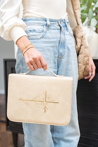 LANDORA & LEAF Beige Gold Cross Bible Cover for Women - Large PU Leather Christian Book Case