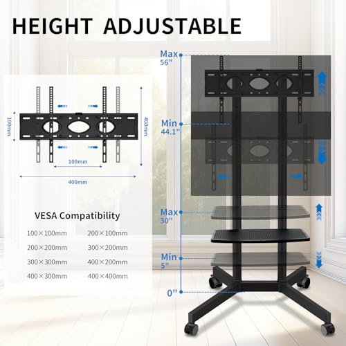 Solid Grace Rolling TV Stand with Wheels for 32-75 Inch TVs up to 88lbs, Portable TV Stand with Shelf, Mobile TV Cart for Living Room, Office, Meeting Room, Outdoor