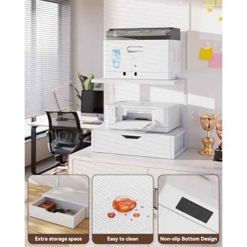 IBUYKE 2 Tier Desktop Printer Stand,Printer Table with Storage Shelf,Multi-Purpose Desk Organizer for Folders,Books,for Fax Machine, Scanner,Home Office,White TLJ015W