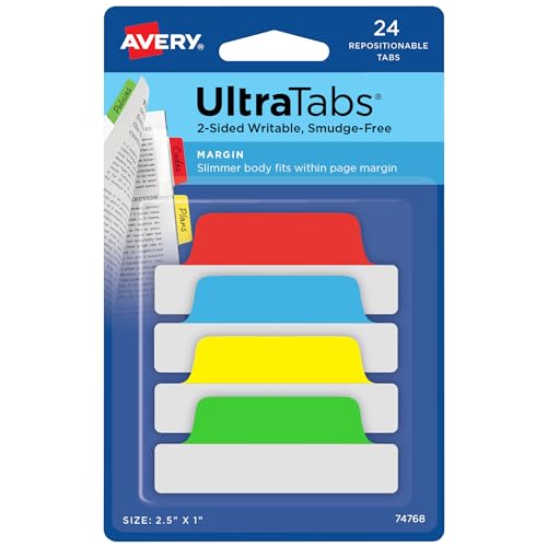 Avery Margin Ultra Tabs Assorted Colors 2.5" x 1" Repositionable Page Flags - Pack of 24