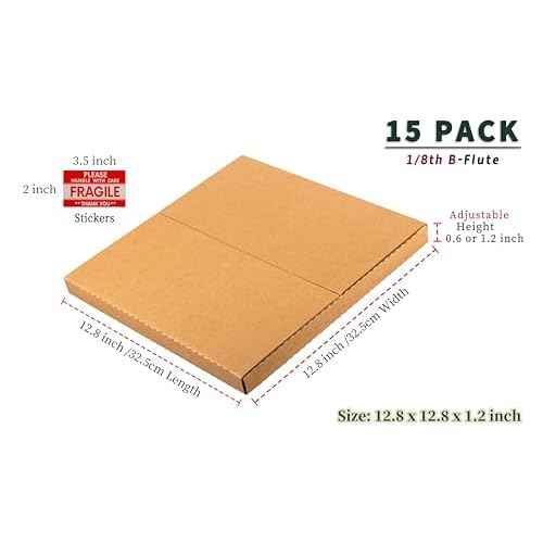 LP Mailers 12.8"L x 12.8"W x 1"H Vinyl Record Shipping Boxes with Fragile Stickers, Kraft Corrugated Album Mailing Box for Packing, Moving, Storage, 15 Pack