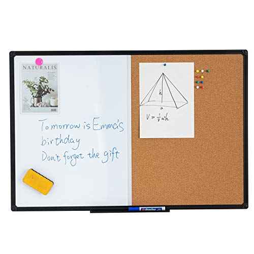 48 x 36 Inch Magnetic Whiteboard and Cork Combo Board, Wall Mounted Half Dry Erase Board & Cork Board Combination Board, Black Aluminum Frame