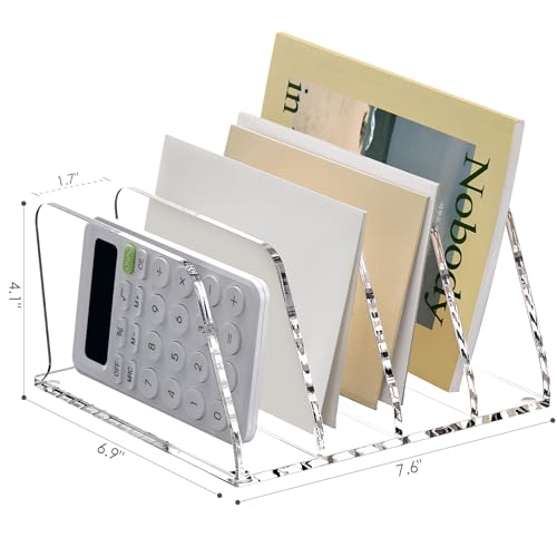 SANRUI Acrylic Desk File Sorter Organizer Holder, 4-Section Clear Vertical Letter File Folder Rack, Notebook Magazine Desktop Binder Mails Storage Bookshelf Upright Divider for Home Office School
